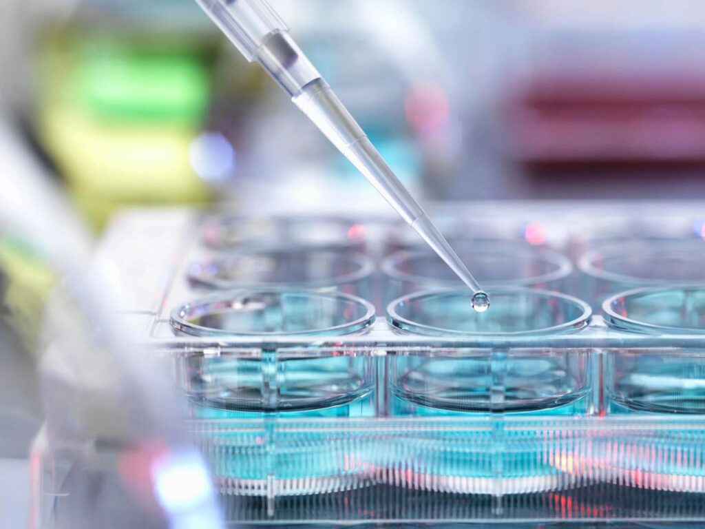 A close-up of a pipette precisely dispensing a droplet into a multi-well plate in a lab.